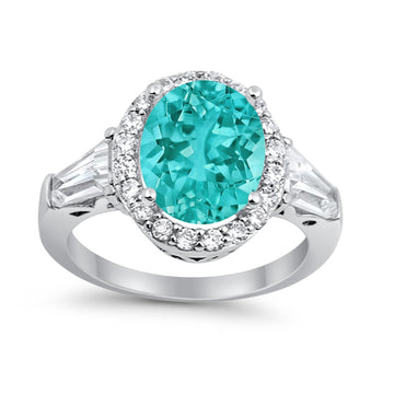 Halo Fashion Ring Baguette Simulated Paraiba Tourmaline CZ 925 Sterling Silver